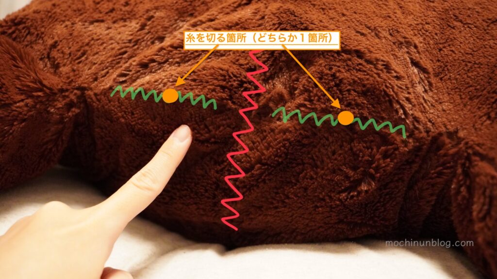 ぬいぐるみの縫い目の糸を切る箇所の説明